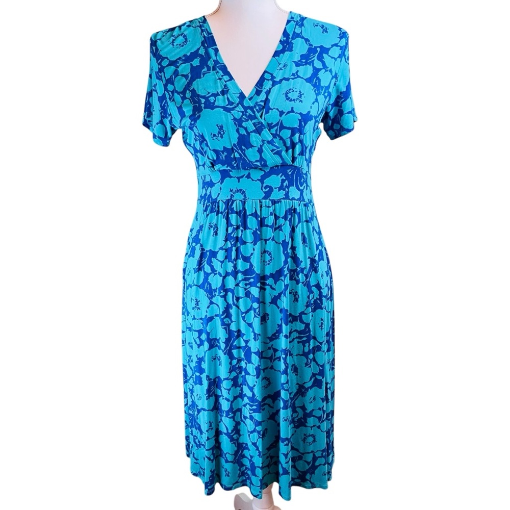 LL BEAN Blue Knit Floral Surplice Midi Dress Small‎ Stretch Short Sleeve Casual